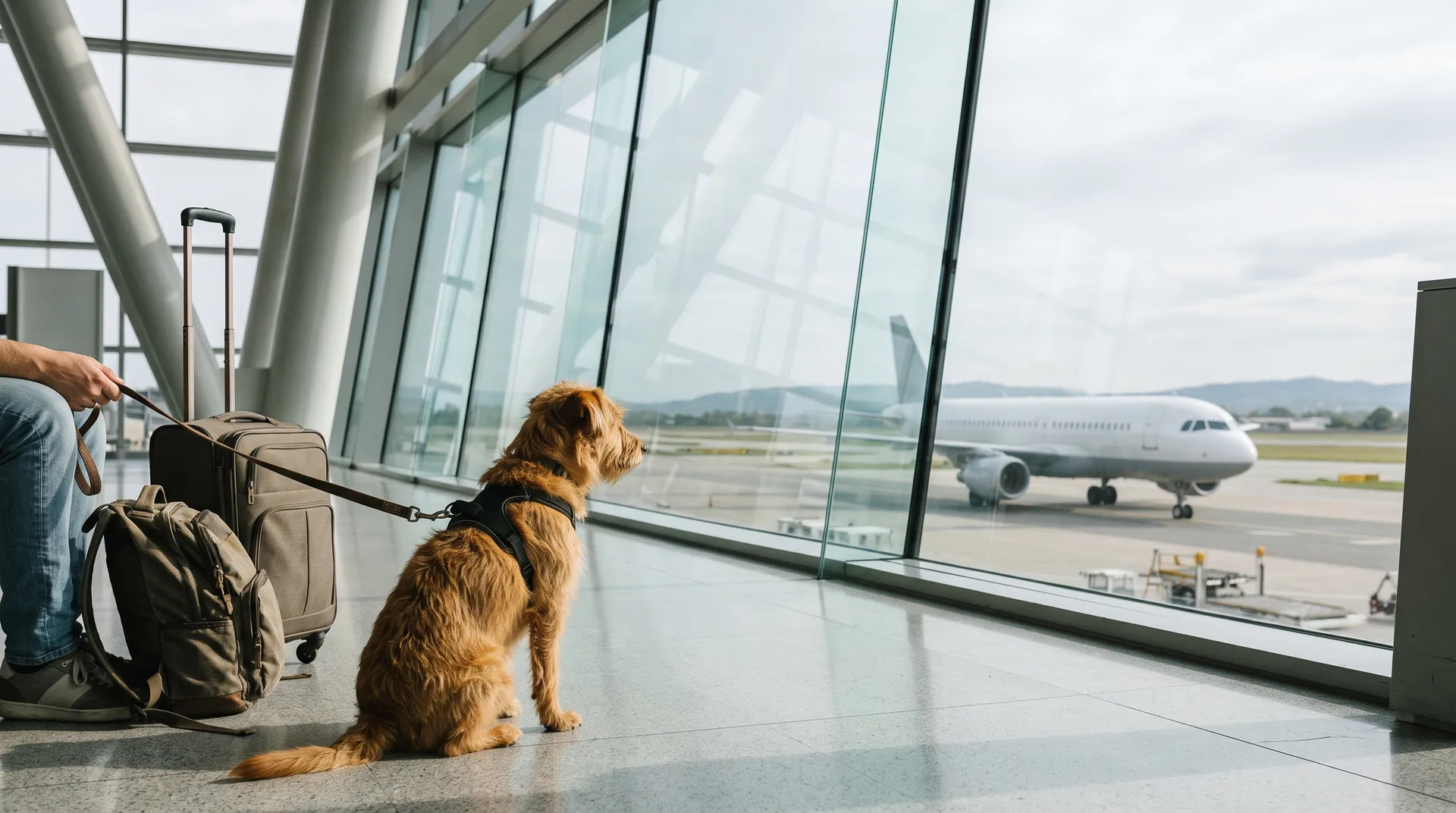 Riđi pas u hamu sedi na podu aerodroma pored kofera i gleda kroz staklo avion na pisti