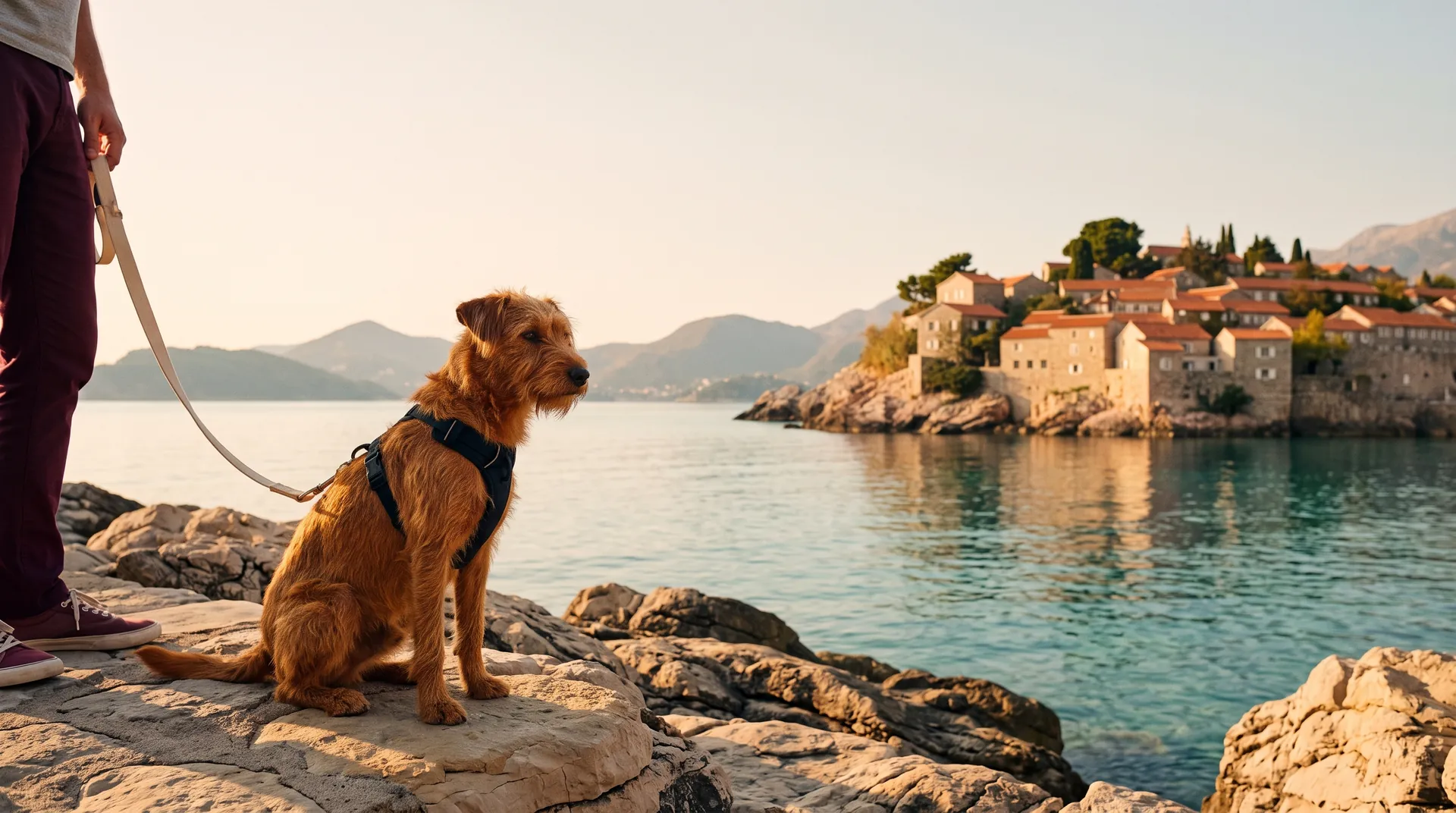 Riđi pas u hamu sedi na stenama uz more, u pozadini ostrvo Sveti Stefan kod Budve