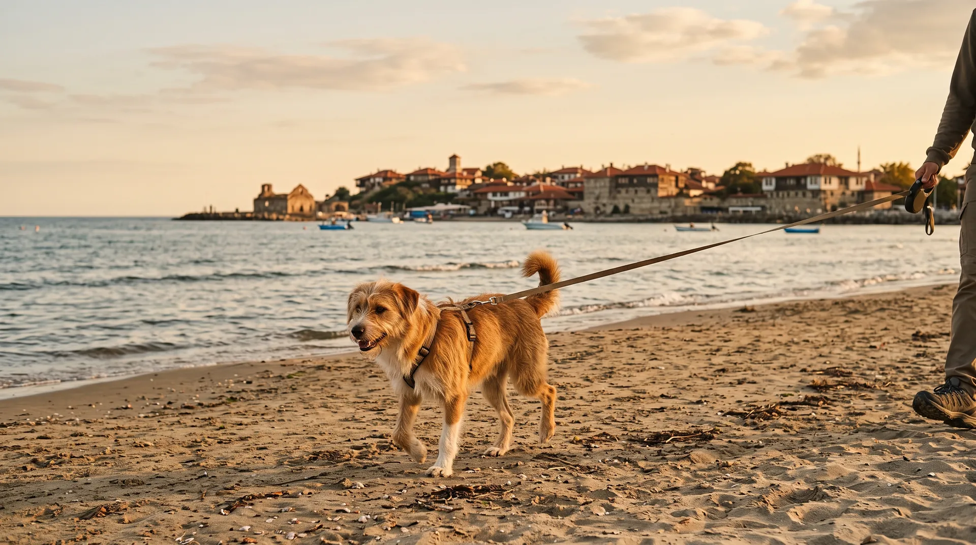 Riđi pas u hamu na povocu šeta peščanom plažom, u pozadini stari Nesebar