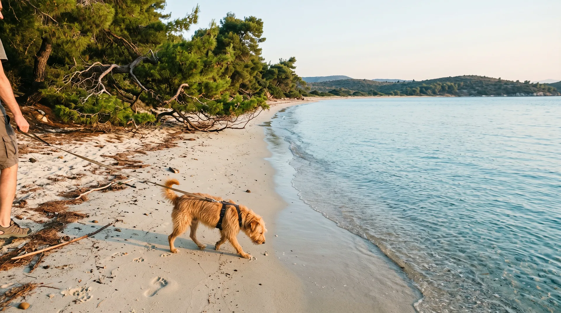 Riđi pas u hamu na povocu šeta peščanom plažom na Sitoniji, borovi rastu do samog mora