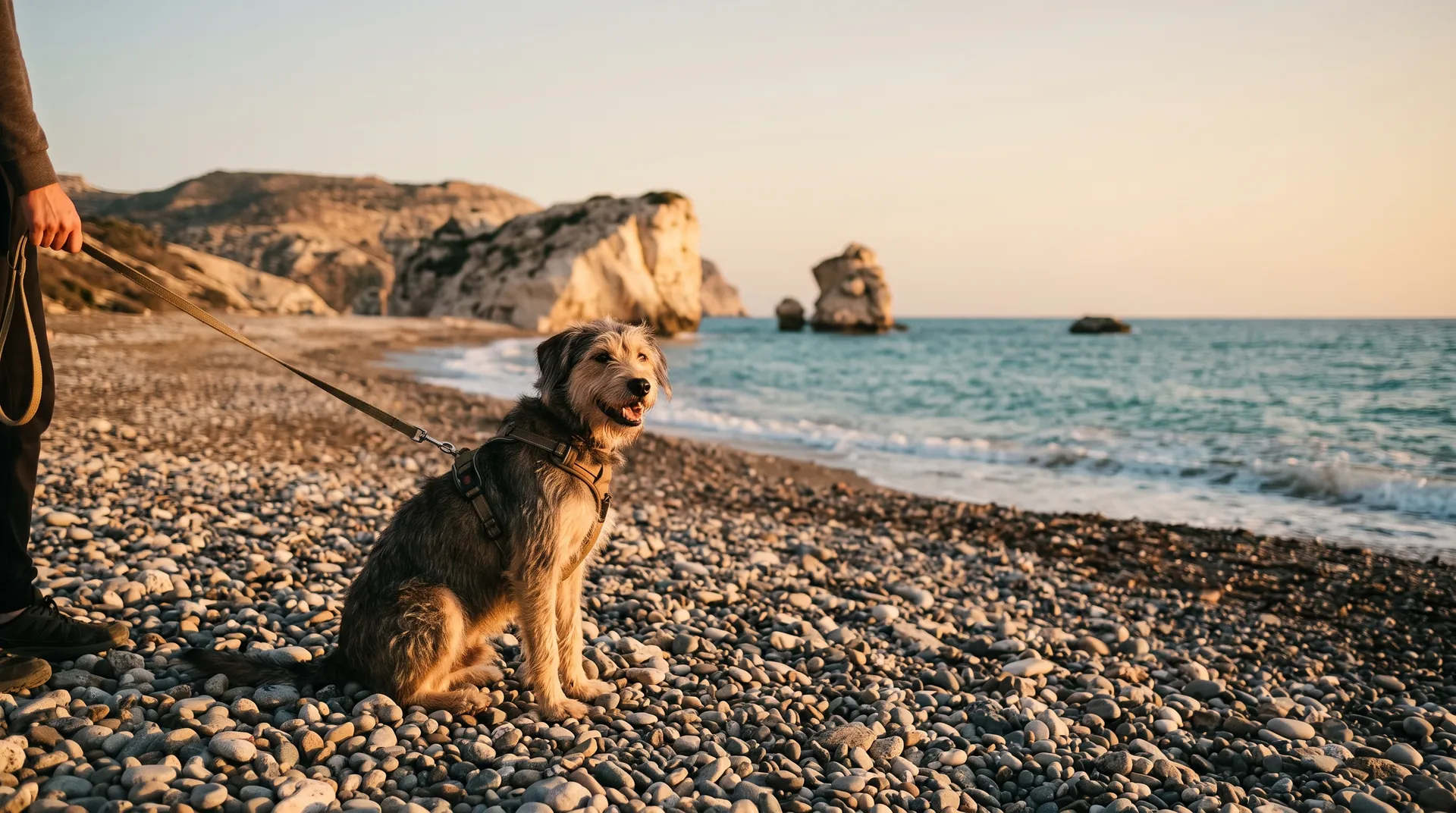 Pas u hamu sedi na šljunkovitoj plaži kod stene Petra tou Romiou na Kipru