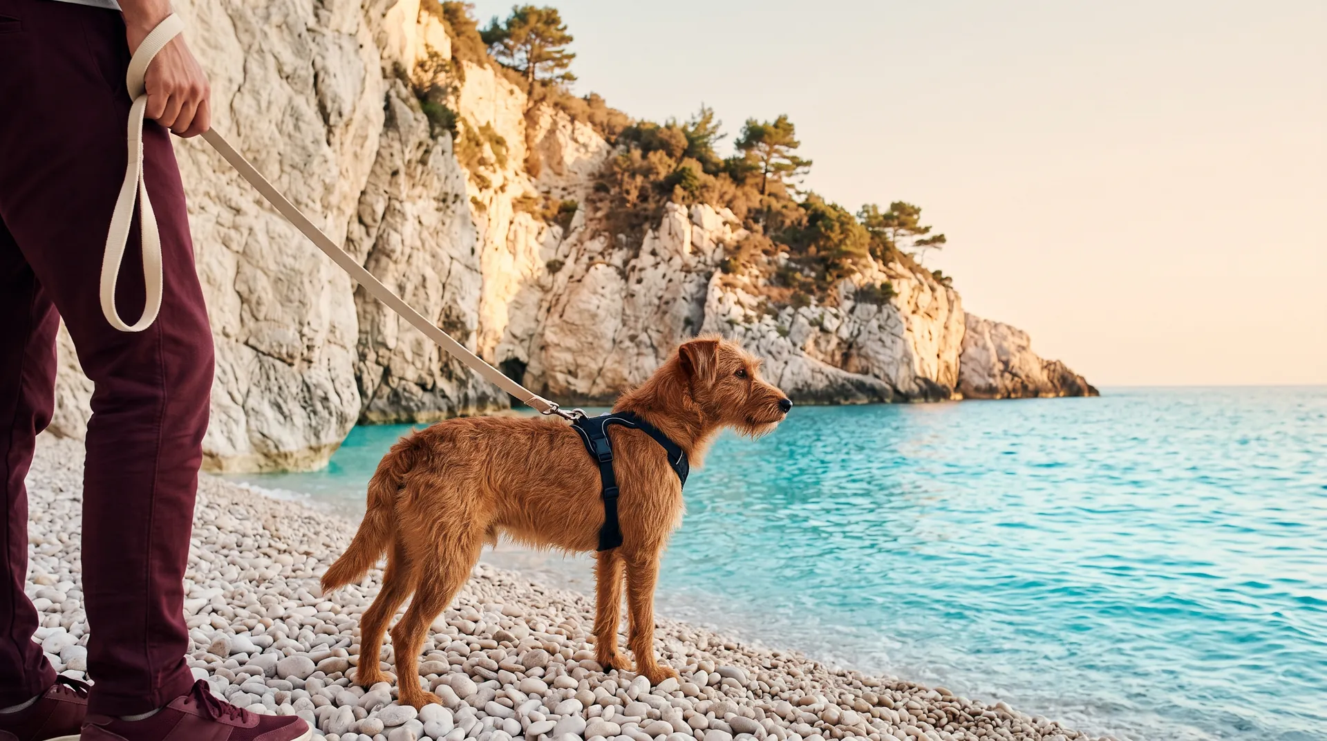 Riđi pas u hamu na povocu stoji na plaži sa belim oblucima ispod belih litica Lefkade, tirkizno more